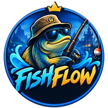 FishFlow — WoW fishing bot emblem: a fish in sunglasses with a fishing rod
